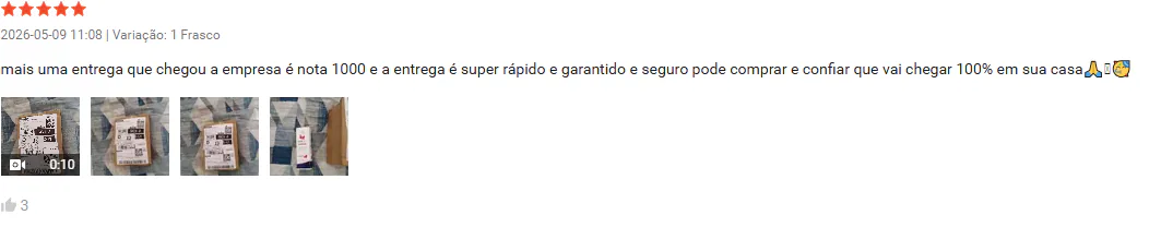 Avaliação 5 estrelas na Shopee destacando entrega rápida, segura e produto recebido.