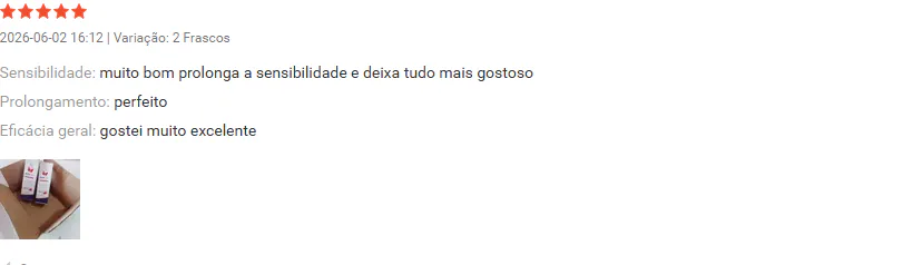 Avaliação 5 estrelas na Shopee com notas de sensibilidade, prolongamento e eficácia.