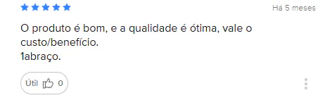 Avaliação 5 estrelas no Mercado Livre dizendo que a qualidade é ótima e vale o custo-benefício.